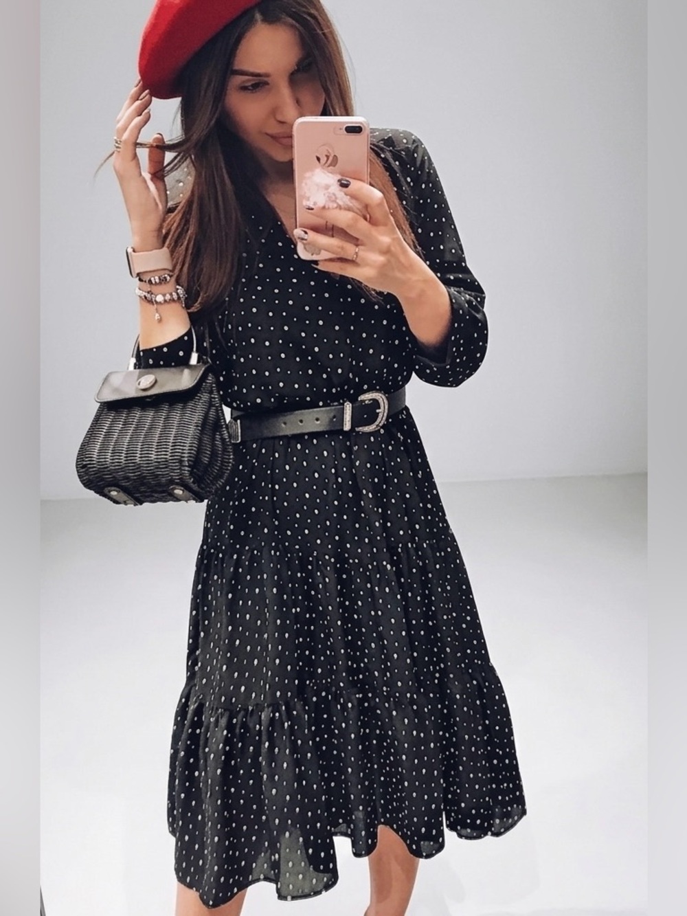 🤍 Zara Black with White Polka Dot Tiered MIDI Dress sz Large